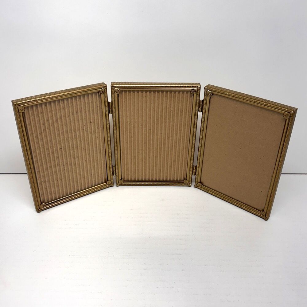 Vintage Tri-Fold Triple Hinged Gold Metal Picture Frame for 5" x 7" Photographs